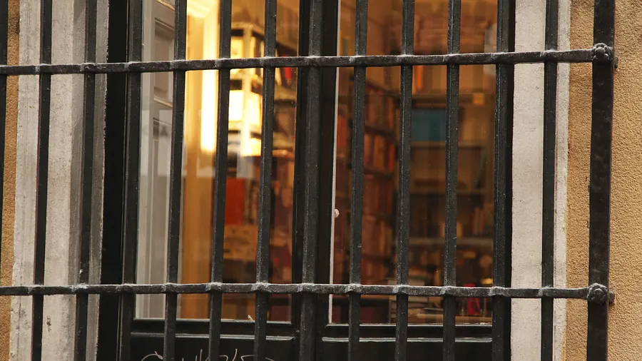 Ventana con reja de hierro tras la que se ve una biblioteca con estanterías llenas de libros