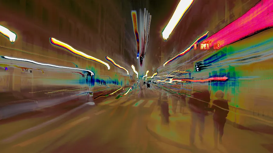 Luces de coches y tiendas en movimiento al anochecer en la calle Mayor de Madrid